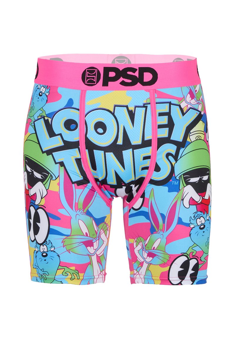 Boxer briefs with pink waistband, featuring colorful Looney Tunes characters and large "LOONEY TUNES" text across the front.