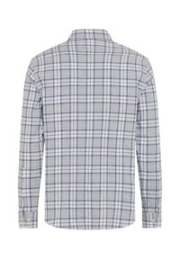 Gestreepte lange mouwen blouse in lichtgrijs en marineblauw, met een standaard kraag, knoopmanchetten en een rechte zoom met een gladde stofstructuur.