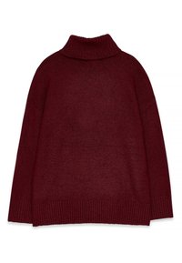 Burgunderfarbener Pullover mit hohem, geripptem Kragen, überschnittenen Schultern und geripptem Saum. Weiches Strickmaterial mit glatter Textur, lässige Passform.