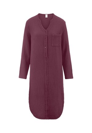 Long-sleeve plum-colored textured dress with front buttons, chest pocket, rounded hem, and collarless neckline.