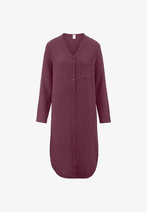 Langärmliges, plüschfarbenes, strukturiertes Kleid mit Vorderknöpfen, Brusttasche, abgerundetem Saum und kragenlosem Ausschnitt.