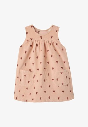 Roze corduroy jurk met een ronde halslijn, voorzien van een herhaald luchtballonprint in donkerrood en twee voorzakken.