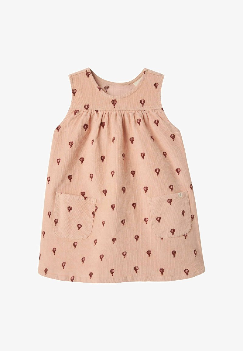 Roza kordna obleka z okroglo izrezom, ki ima ponovljen vzorec balonov v temno rdeči barvi in dva sprednja žepa.