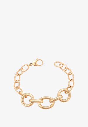Bracciale in metallo dorato con elementi ovali e circolari, dotato di chiusura a moschettone. Texture liscia e lucida, design contemporaneo.
