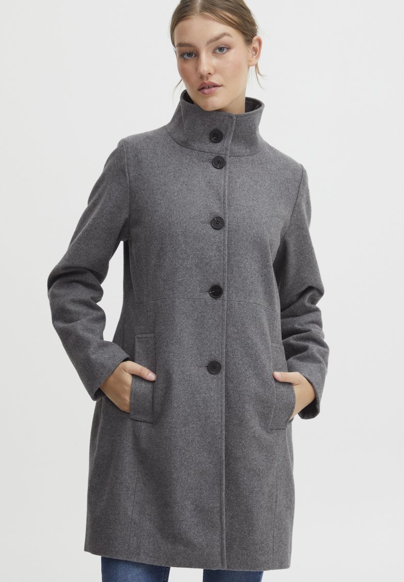 Manteau en laine grise avec col haut, fermeture à boutons sur le devant, deux poches latérales et manches longues. Texture lisse et silhouette ajustée.