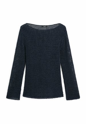 Pull tricot à manches longues bleu marine avec un tissage lâche et un large col rond, présenté à plat sur un fond blanc.