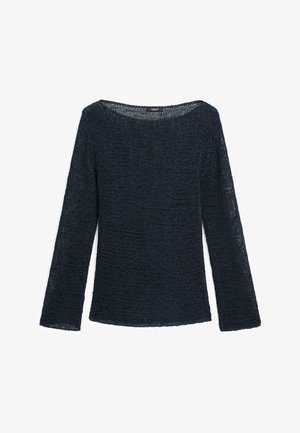 Pull tricot à manches longues bleu marine avec un tissage lâche et un large col rond, présenté à plat sur un fond blanc.
