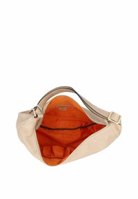 Borsa in pelle beige con esterno testurizzato, ampia apertura e interno in tessuto arancione. Presenta una sola tracolla e una chiusura con zip.