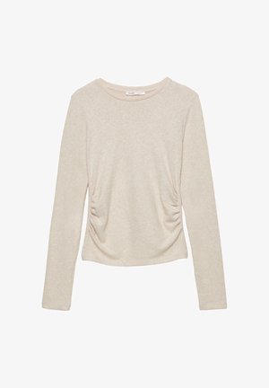 Beige langemouwtop met een ronde hals en geraffineerde details aan de zijkanten, vervaardigd uit een zachte, gestructureerde stof.
