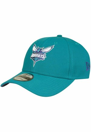 Teal baseball cap with embroidered Charlotte Hornets logo featuring wings. Structured design, adjustable strap, and rounded brim.