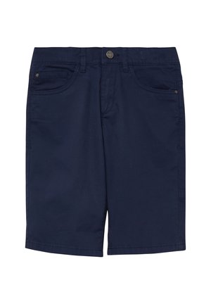 Marineblauwe knielange korte broek met knoop aan de voorkant, lussen voor een riem en meerdere zakken, waaronder een klein muntzakje aan de rechterkant.