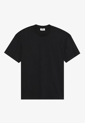 T-shirt noir à manches courtes en coton. Présente un col rond classique et une coupe décontractée sans motifs ni accents visibles.