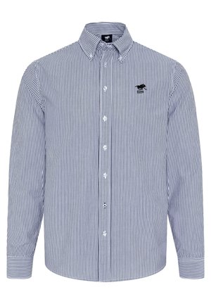 Gestreifte Langarmbluse in Marineblau und Weiß. Mit einem Button-Down-Kragen und einem kleinen gestickten Logo auf der linken Brust. Klassische Passform.
