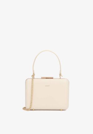 Ristkülikukujuline kreemikas käekott, millel on ülaosas käepide, kuldse tooniga kett-rihm ja metallist lukk. Ees asub kaubamärgi nimi "Kazar".