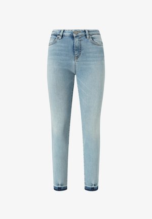 Jean skinny blu chiaro in denim con vita alta, cinque tasche e leggera scoloritura. L'orlo presenta una finitura danneggiata di blu più scuro.