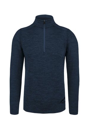Marineblauer Langarm-Pullover mit hohem Kragen, halblanger Reißverschluss und strukturiertem Stoff. Mit kleinem Logo am Saum.
