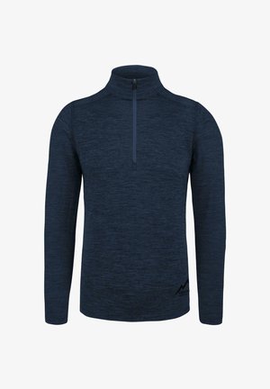 Marineblauer Langarm-Pullover mit hohem Kragen, halblanger Reißverschluss und strukturiertem Stoff. Mit kleinem Logo am Saum.