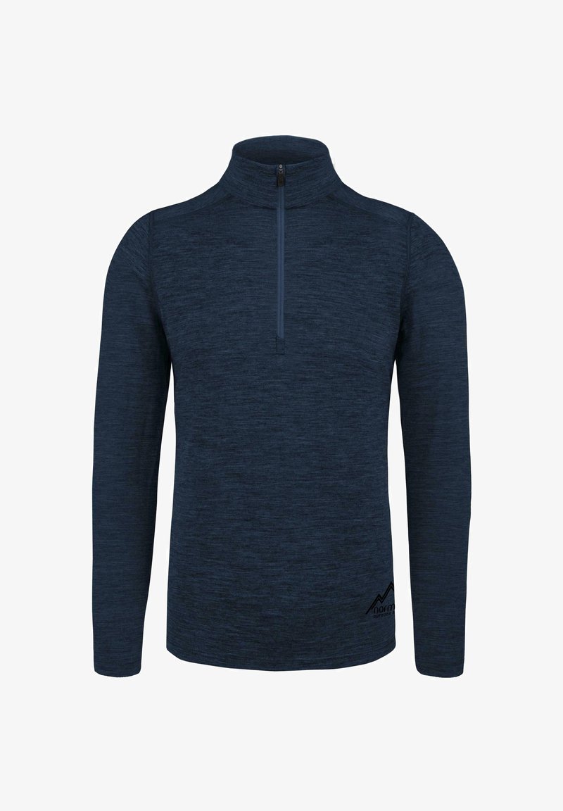 Marineblauer Langarm-Pullover mit hohem Kragen, halblanger Reißverschluss und strukturiertem Stoff. Mit kleinem Logo am Saum.
