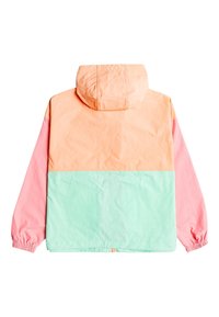 Färgglad jacka med en persikofärgad överdel, rosa ärmar och en mintgrön nedre del, tillverkad av lättviktsmaterial med elastiska manschetter.