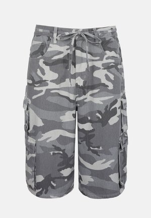 Short cargo mimetici grigio e bianco con vita a coulisse e multiple tasche sui lati e davanti.