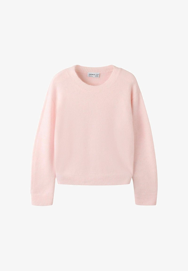 Pull rose pastel doux à manches longues avec col rond, poignets et ourlet côtelés, présenté à plat sur fond blanc.