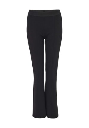 Black flared trousers made of stretchy fabric, featuring a wide waistband and vertical seam details for a tailored appearance.