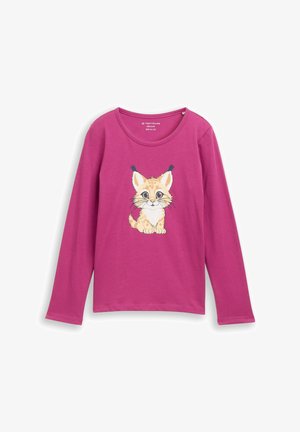 Long-sleeve shirt in fuchsia cotton with a cartoon lynx illustration on the front. Round neckline and soft texture.