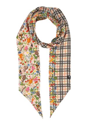 Silk scarf with contrasting patterns: one side floral and animals, other side beige plaid with floral border, both featuring vibrant colors.