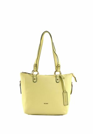 Sac cabas en cuir jaune clair avec doubles poignées d'épaule, poches latérales zippées, et une étiquette de marque suspendue à une des poignées.