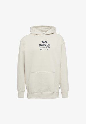 Helebeige kapuutsiga sviiter, mis on valmistatud pehmest kangast. Omab esist otsa ja reguleeritavat kapuutsi. Graafiline tekst "24/7 Planking Club" koos koera illustratsiooniga.