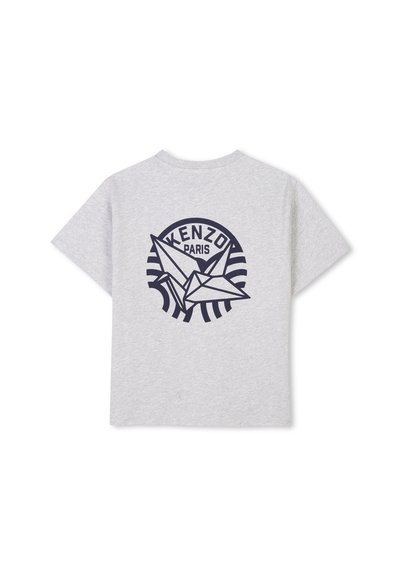 T-shirt en coton gris avec une impression graphique marine d'une grue origami et "KENZO PARIS" entouré de rayures circulaires au dos.