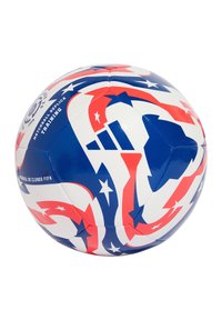Trainingsfußball mit einer strukturierten, synthetischen weißen Oberfläche, die blaue und rote abstrakte Designs sowie Sternmuster aufweist.