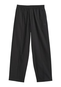 Μαύρο παντελόνι με φαρδύ πόδι από ελαφρύ ύφασμα, με ελαστική μέση και τσέπη με φερμουάρ στο πλάι· διαθέτει διακριτική λεπτομέρεια με λογότυπο.