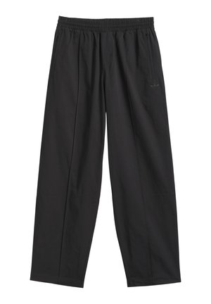 Black, wide-leg pants made of lightweight fabric with an elastic waistband and side zip pocket; features subtle logo detail.