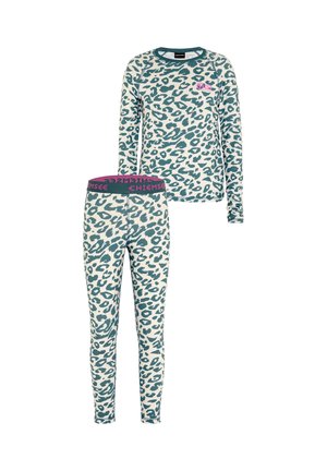 Long-sleeve top and leggings with blue-green leopard print on light beige, leggings have pink and navy waistband with brand name.