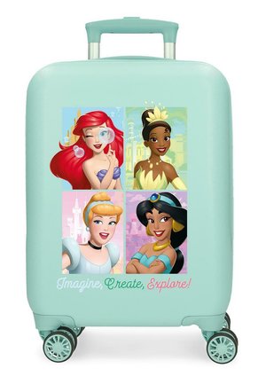 Maleta azul claro con ilustraciones de Ariel, Tiana, Cenicienta y Jasmine sobre las palabras "¡Imagina, crea, explora!"