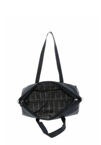 Sac polochon bleu marine en matière texturée, avec une fermeture à glissière, deux poignées et un intérieur à motifs avec des lignes en damier.