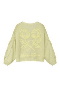 Suéter de punto amarillo claro con mangas abullonadas, con dos grandes bordados de flores y texto en cursiva en la espalda.