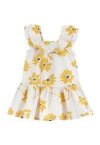 Vestido de algodón con un patrón floral amarillo sobre un fondo blanco, con tirantes con volantes y una falda fruncida.