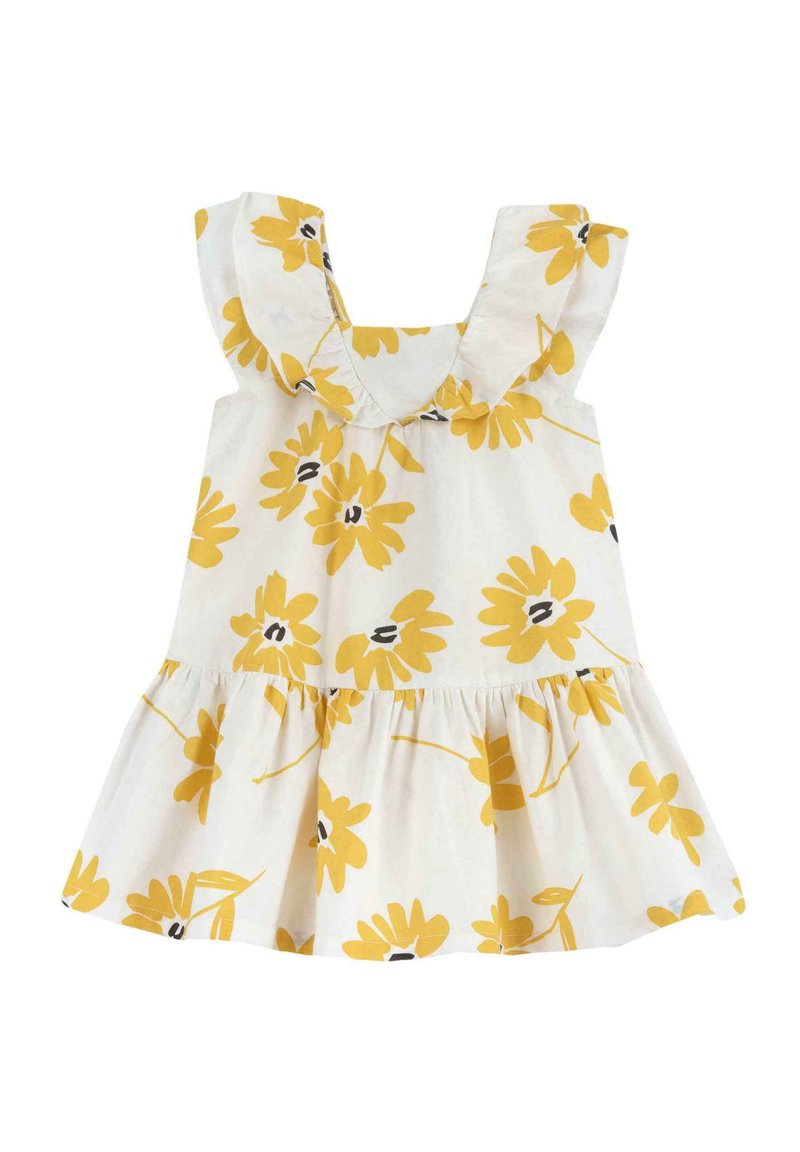 Vestido de algodón con un patrón floral amarillo sobre un fondo blanco, con tirantes con volantes y una falda fruncida.