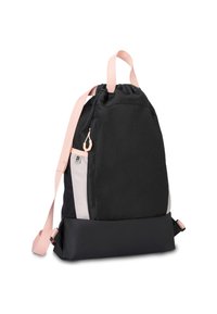 Lo zaino con coulisse nero presenta spalline e dettagli rosa chiaro, una base nera a contrasto e una tasca laterale con zip per ulteriore spazio di archiviazione.