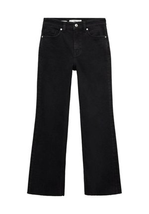 Jeans neri in denim a zampe d'elefante con vita alta, dotati di tasche frontali e orlo grezzo. Tessuto di colore solido, di peso medio con leggera texture.