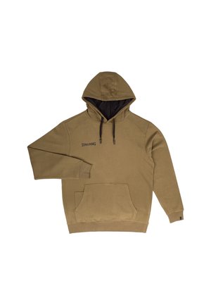 Sudadera marrón con capucha, cordones negros, bolsillo frontal y pequeño logo negro "Spalding" en el lado izquierdo del pecho.