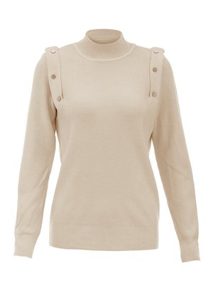 Beige ribbed knit sweater with a mock neck and button accents on the shoulders. Features long sleeves and a fitted silhouette.