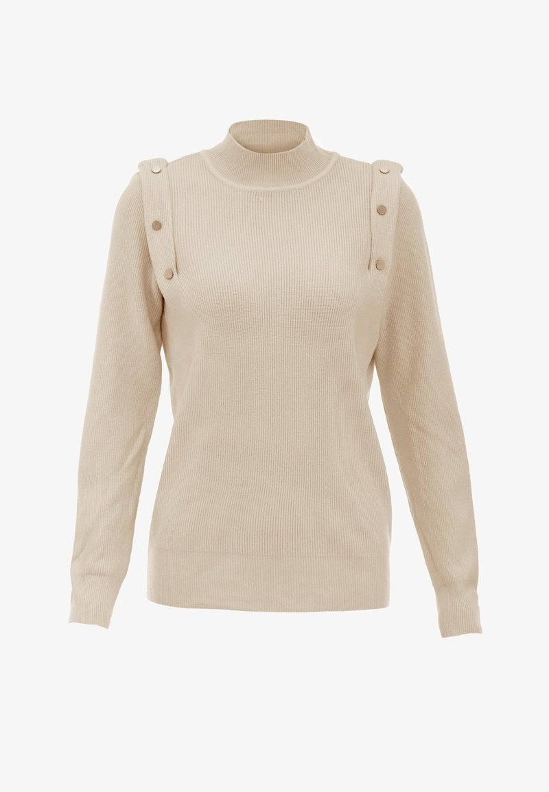 Maglione a coste beige con colletto alto e dettagli con bottoni sulle spalle. Presenta maniche lunghe e una silhouette aderente.
