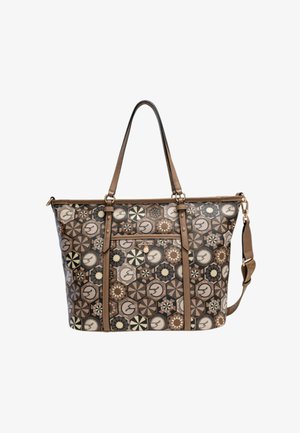 Borsa tote marrone con motivo geometrico, caratterizzata da vari motivi circolari e una tasca anteriore. Tracolla regolabile inclusa.
