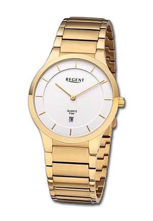 Goudkleurig kwarts horloge met een witte wijzerplaat, minimalistisch ontwerp, gouden uur markeringen, datumaanduiding op 6 uur, en een metalen schakelarmband.