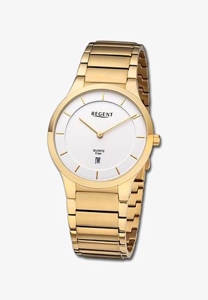 Goudkleurig kwarts horloge met een witte wijzerplaat, minimalistisch ontwerp, gouden uur markeringen, datumaanduiding op 6 uur, en een metalen schakelarmband.