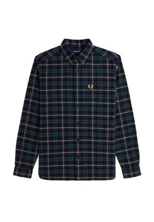 Camicia a quadri verde con bottoni, realizzata in cotone, con righe gialle e blu navy, maniche lunghe, colletto classico e un piccolo logo ricamato.
