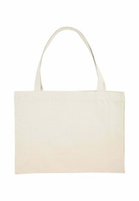 Borsa tote in tela di colore naturale, forma rettangolare, con due manici robusti. Texture liscia, senza motivi o decorazioni visibili.